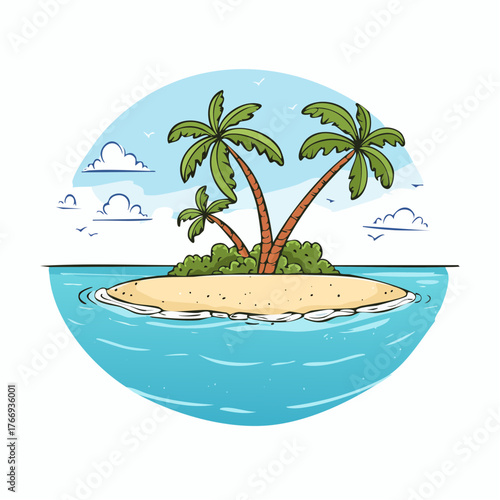 Scenic vista of a tropical atoll with clear waters and sandy shores under a bright blue sky