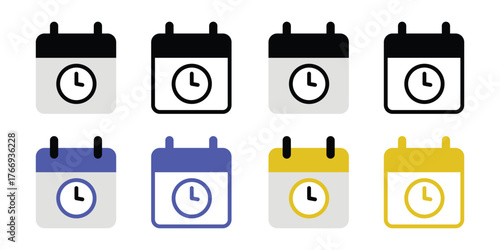Time's Ticking: An array of calendar icons each prominently displaying the clock, symbolizing appointment, schedule, or deadline with simplicity and precision.
