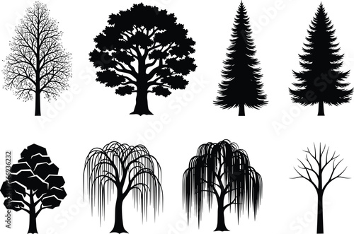 Black Tree Silhouettes Collection – Diverse Seasonal and Botanical Vector Trees for Nature, Landscape, Educational, and Artistic Design Projects