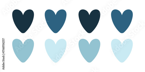 Blue Heart Shades: An array of eight stylized hearts in varying shades of blue, evoking a sense of tranquility and emotional depth, each heart's hue representing a different facet of feelings.