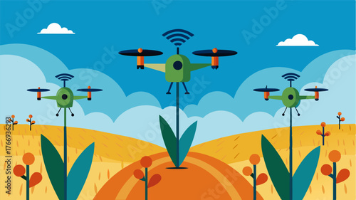 A group of drones equipped with acoustic devices fly over a crop field listening for the unique calls of destructive pests. Once located the drones transmit the data to a central. Vector illustration