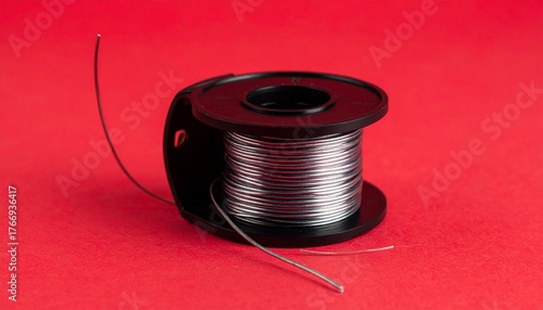 A black spool of thin metal wire for electronics or crafts on a vibrant red background.