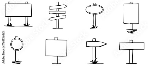 black hand-drawn scribble blank road and street sign set: sketch icon pointers and empty boards on posts