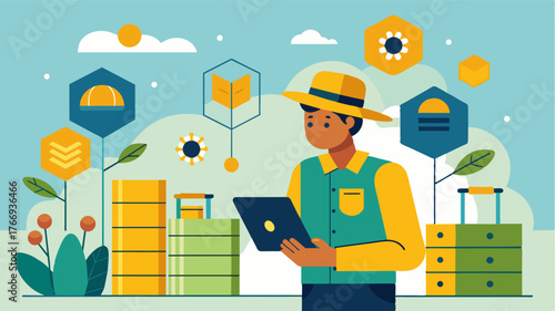 A farmer analyzing data from various hives to identify trends and optimize beekeeping practices.. Vector illustration