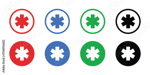 Emergency Symbols: A striking display of diverse emergency medical symbols, each encircled with a distinct color, symbolizing the global reach and swift response of healthcare and first aid.