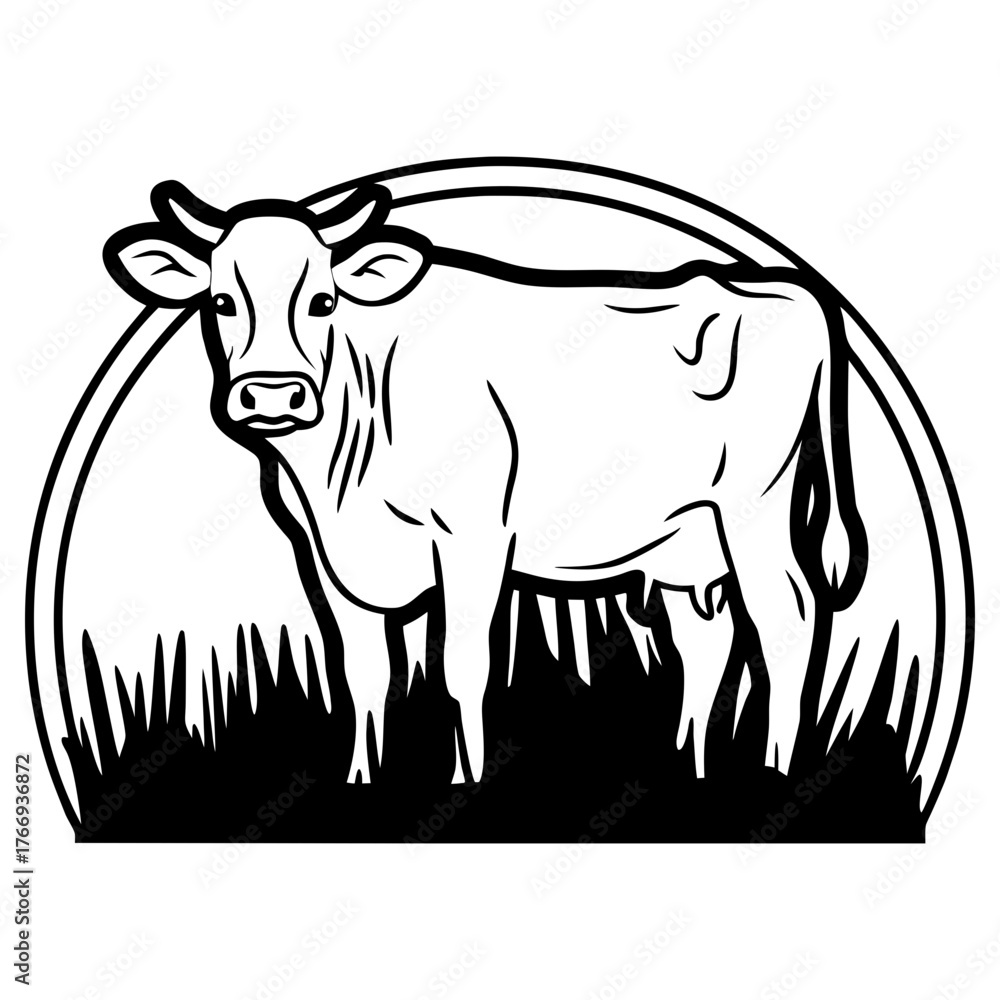Fototapeta premium Black and white vector illustration of a cow standing on grass inside a circle frame, clean line art for cutting, printing, and farm design projects.