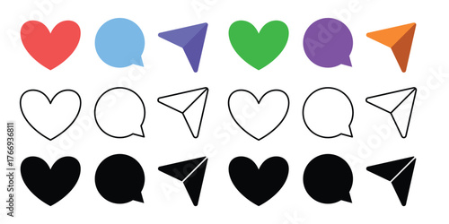 Digital Social Media Icons: A vibrant array of heart, chat bubble, and arrow icons representing interaction in the digital space. Capturing connection and community