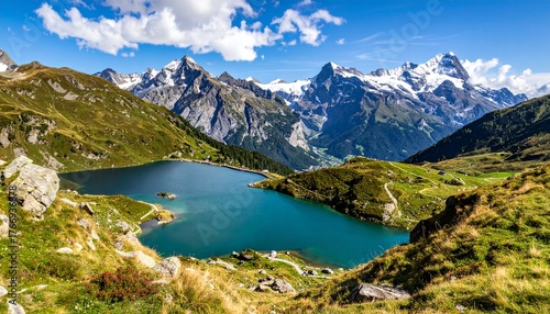 Scenic panoramic view of Bachalpsee lake in the Swiss Alps mountains.