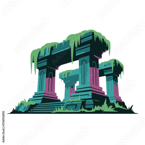 Ancient ruins overgrown with moss and vines, mysterious and forgotten