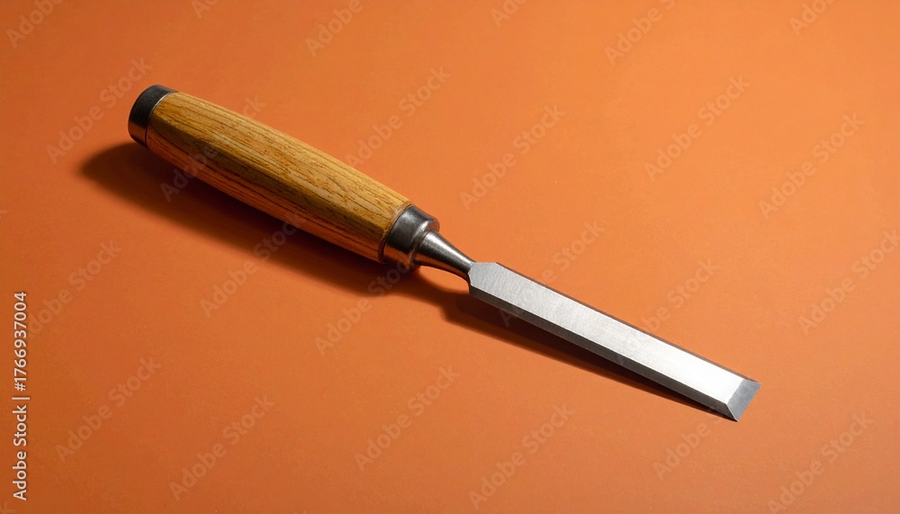 Fototapeta premium Wood handle chisel hand tool for carpentry and woodworking on an orange background.