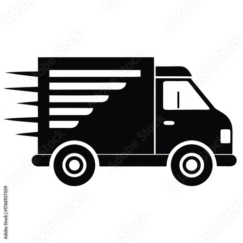 Rapid black transport truck is speeding along a white backdrop with haste, symbolizing fast delivery