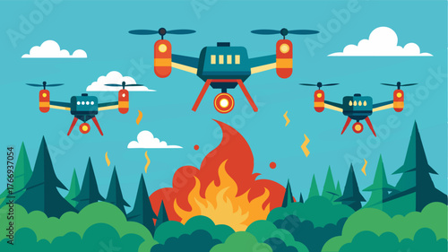 A fleet of drones equipped with seed dispersal technology helps to reforest areas damaged by wildfires or deforestation.. Vector illustration
