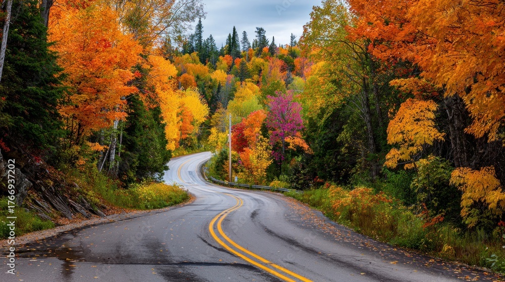Fototapeta premium Winding Road Through Vibrant Autumn Forest, Colorful Foliage, Scenic Landscape.