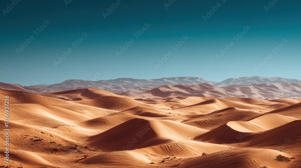 Fototapeta premium Serene Desert Landscape: Golden Dunes and Azure Sky Horizon