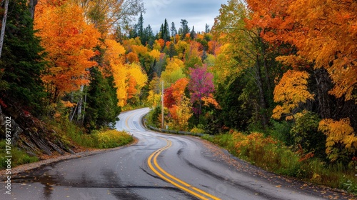 Winding Road Through Vibrant Autumn Forest, Colorful Foliage, Scenic Landscape.