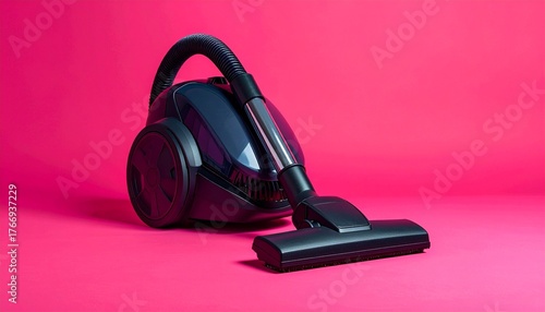 Modern black canister vacuum cleaner on a vibrant pink background.