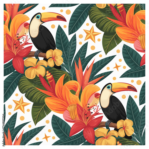 A seamless tropical repeat featuring charismatic toucans nestled among lush, layered foliage and radiant blooms. The birds' glossy black bodies and oversized orange beaks pop against deep teal leaves.