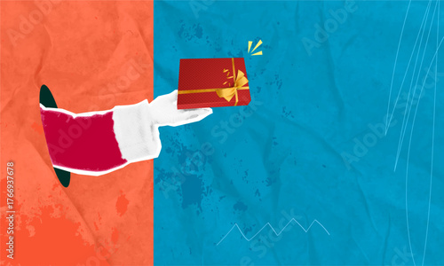 A modern halftone collage in a pop art style. Santa Claus presents a gift box. Copy space for text. Christmas, New Year. Holiday, party concept.