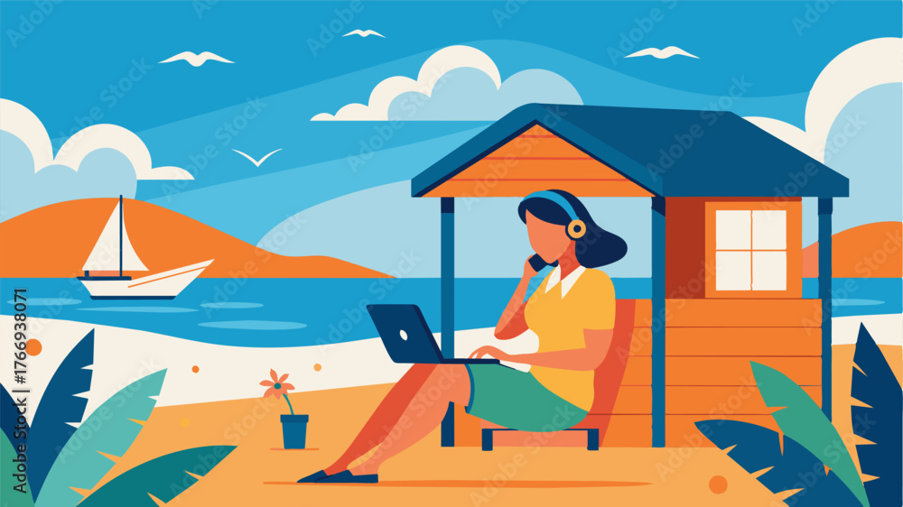 Fototapeta premium A virtual assistant takes a call from their beachside cabana enjoying the calming scent of saler and sound of seagulls in the background.. Vector illustration