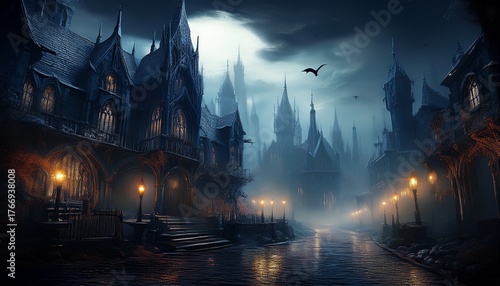 Wallpaper Mural mysterious and digital artwork of a dark gothic city shrouded in mist with a foreboding vibe Torontodigital.ca