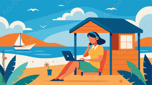 A virtual assistant takes a call from their beachside cabana enjoying the calming scent of saler and sound of seagulls in the background.. Vector illustration