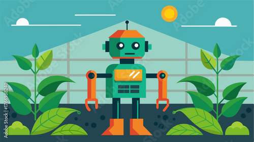 A greenhouse robot equipped with AI technology able to analyze and predict crop growth and yield maximizing production.. Vector illustration