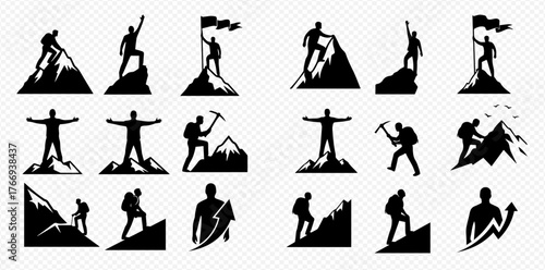 Silhouetted figures climbing mountains, reaching summits, and planting flags, symbolizing achievement and success.