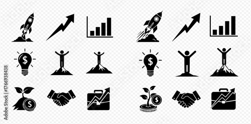 A collection of business growth and success icons in black and white.