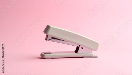 A simple white office stapler isolated on a solid pink background.