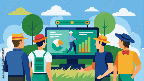 A group of farmers gather around a computer screen as they review the detailed analytics and performance metrics of their AIenhanced combine harvester.. Vector illustration