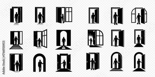 Silhouetted figures entering various doorways, creating a sense of mystery and transition.