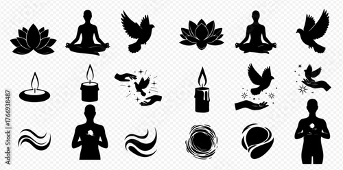 Collection of black and white spiritual and meditative symbols, including lotus flowers, yoga poses, doves, candles, and abstract designs.