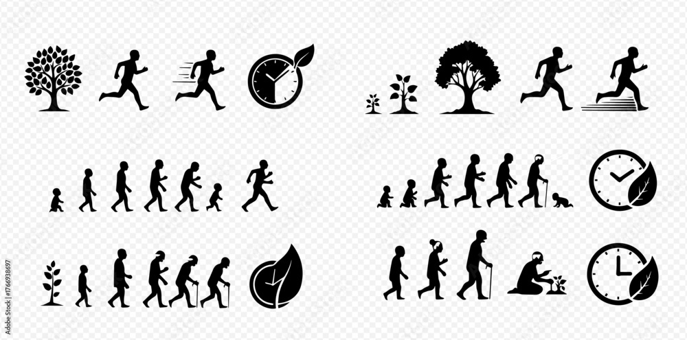 Naklejka premium Silhouettes showing the life cycle of a tree and a human, and the importance of time.