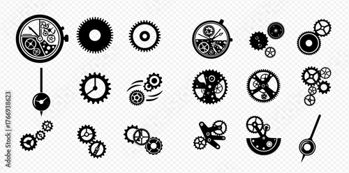 Collection of black and white steampunk gear and clockwork designs.