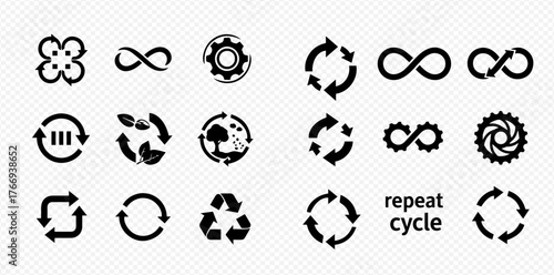 Collection of recycling and infinity symbols, representing sustainability and continuous processes.