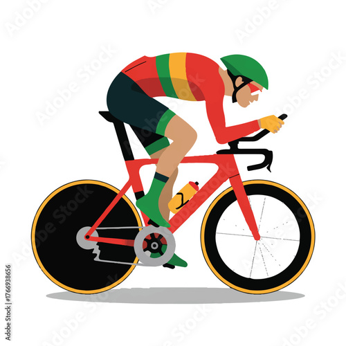 Cyclist in racing gear on a time trial bicycle, focused and determined, isolated on white background