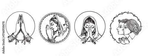 Elegant Indian line art portraits of people greeting with folded hands, traditional Namaste gesture, spiritual and cultural vector illustration