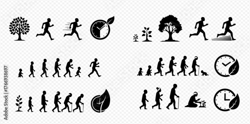 Silhouettes showing the life cycle of a tree and a human, and the importance of time.