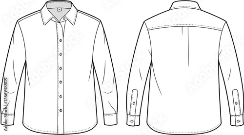 Long sleeve button down shirt flat sketch, front and back technical fashion CAD, classic collar woven top, placket cuff, sewing construction vector