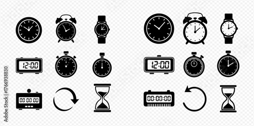 Silhouetted time-related icons including clocks, watches, hourglasses, and timers.