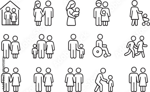 Family and parenting line icon set. Vector pictograms of couples, single parents, children, elderly, baby, newborn, teenager thin linear illustration.