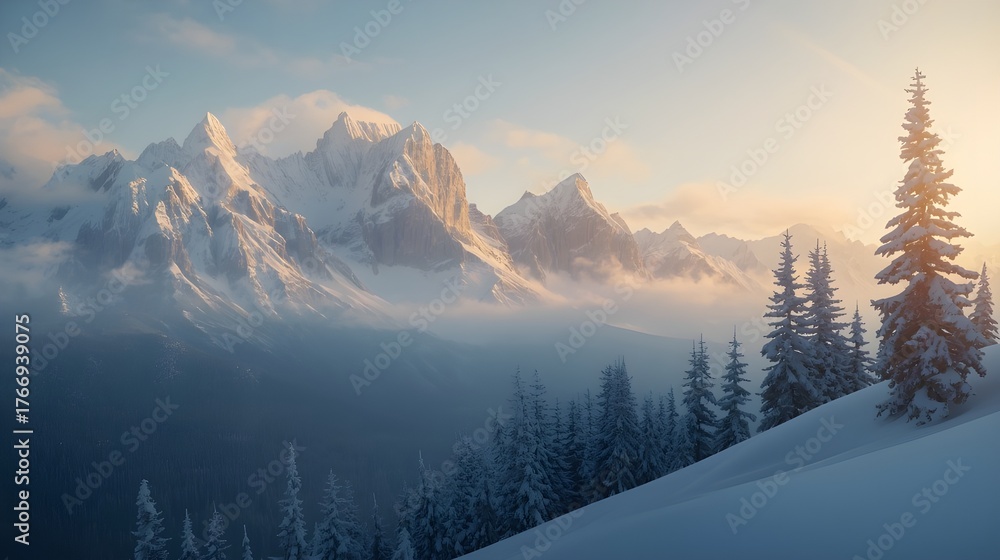 Obraz premium Golden Sunrise Over Snow-Covered Mountain Peaks in Winter