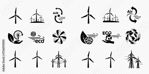 Collection of black and white wind energy and environmental icons.