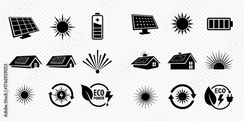 Collection of black and white renewable energy and sustainability icons.