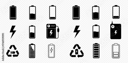 Collection of battery and energy related icons in black and white.
