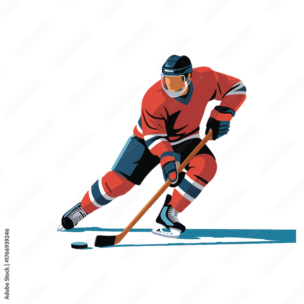 Fototapeta premium Ice hockey player in red uniform skating with stick and puck isolated on white background