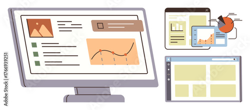 Computer screen displaying charts, graphs, and data reports with additional device windows. Ideal for business analytics, data management, reporting, digital tools, productivity, online research