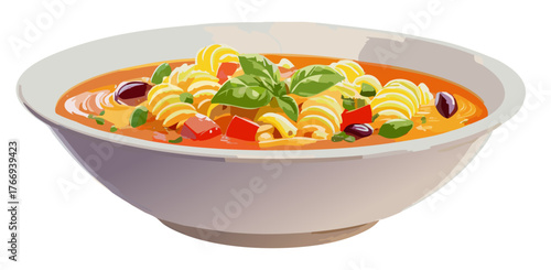 Vector drawing, Italian minestrone soup in porcelain bowl, colorful vegetables, beans and small pasta in tomato broth, side view.