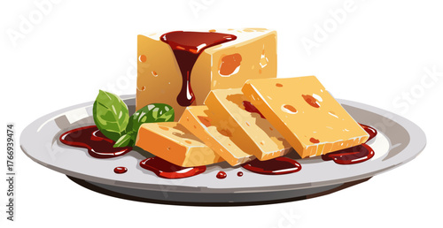 Vector drawing of rustic parmesan pieces on a white plate, drizzled with balsamic glaze, side view.