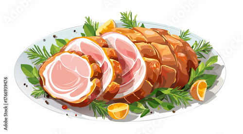 Vector drawing, juicy slices of Italian porchetta on a ceramic plate, roasted pork with herbs with crispy skin, warm natural light, side view.
